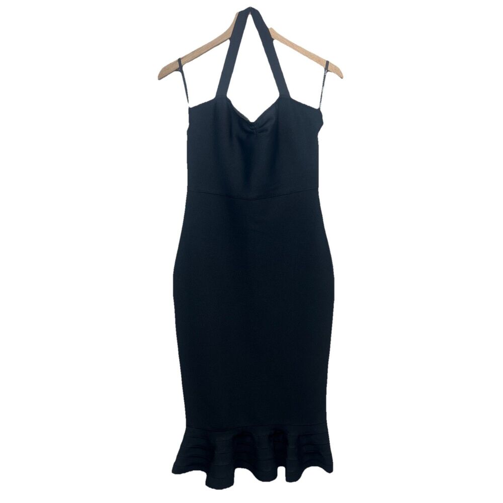 SIENA Solid V Neck Halter Sleeveless Black Long Flare Latina Bodycon Dress Sz 6